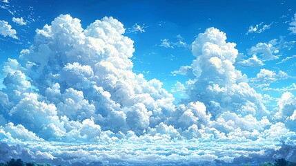 Wall Mural - A vibrant sky filled with fluffy clouds against a bright blue backdrop.