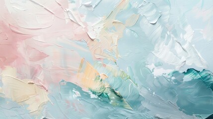 Wall Mural - Vibrant oil paint background with brush strokes in light blue, pink, white, and green, blending beautifully for modern artistic design. Acrylic on canvas adds grunge style for unique backdrop