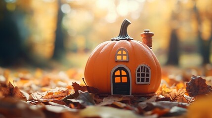 Miniature toy house in the shape of a pumpkin, perfect for autumn scenes, surrounded by leaves, soft orange background