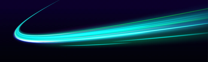 Poster - High speed motion blur effect, green night lights. Acceleration speed motion on night road. Vector glitter light fire flare trace.	