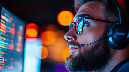 Focused programmer looking at code on a computer screen.