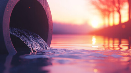 Poster - Water flows from a pipe into a still lake at sunset.