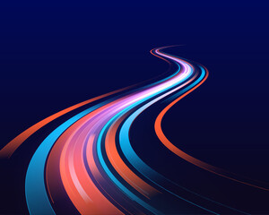 Poster - Night motorway with light effects in neon colors purple, blue and red. Abstract futuristic background with glowing light effect. Vector illustration.