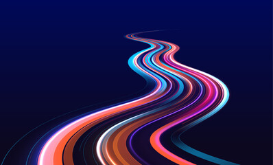 Big data traffic visualization, dynamic high speed data streaming traffic. Image of speed motion on the road. Abstract background in blue and purple neon glow colors.