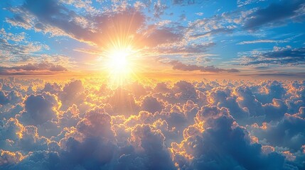 Wall Mural - A vibrant sunrise over fluffy clouds, creating a serene and uplifting atmosphere.