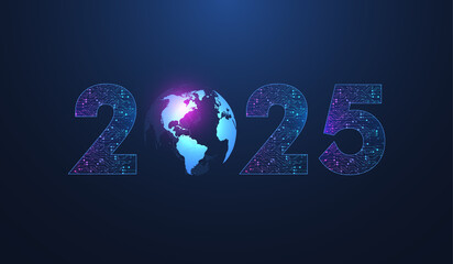 Fototapete - Digital technology abstract poster template 2025 with circuit board texture. Tech digital banner or header 2025 New year
