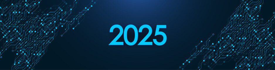 Fototapete - Digital technology abstract poster template 2025 with circuit board texture. Tech digital banner or header 2025 New year