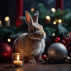 Wall Mural - New Year's Christmas rabbit on the background of a Christmas tree and decorations