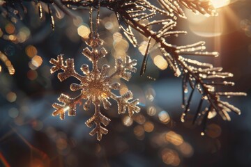 Wall Mural - Glittering Snowflake Ornament on Branch