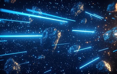 Wall Mural - asteroids and laser beams in deep space, showcasing a vibrant cosmic environment filled with light a