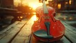 © AGUNG - Red violin on a wooden bench at sunset with a cityscape in the background.
