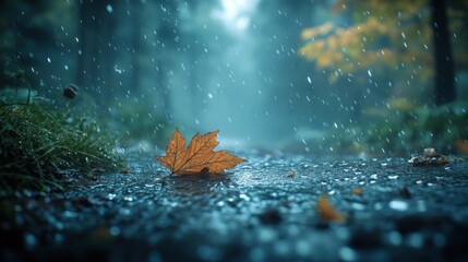 Sticker - Single autumn leaf on a path in the rain.