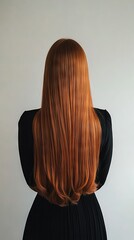 Wall Mural -   A woman with long red hair and wearing a black dress stands against a white background