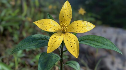 Wall Mural - Single yellow lily with brown spots and green leaves in a forest.