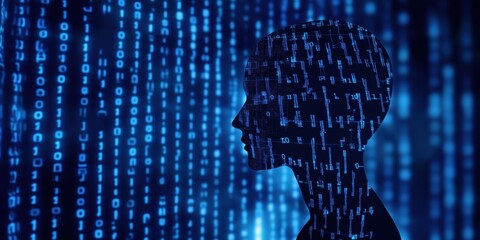 Digital silhouette with binary code background, representing technology and data