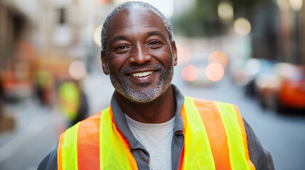 Wall Mural - Smiling Construction Worker in Safety Vest on City Street