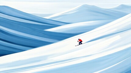 Wall Mural -  A person skiing down a snow-covered hill with mountains in the background and a cloudy sky