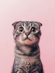 Canvas Print - A cat with big eyes looks up at the camera. AI.