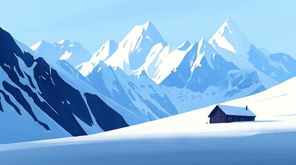 Wall Mural -  A snow-covered mountain with a house in the foreground and a snowy landscape in the background