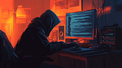 Anonymous Hacker Working on Computer in Dark Room
