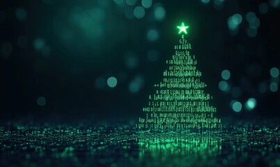 Digital Christmas tree with binary code and glowing star