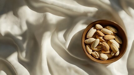 Wall Mural -   A wooden bowl filled with almonds sits on a white cloth-covered table, accompanied by another wooden bowl of almonds