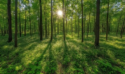  Sunlight filtering through lush green forest, tall trees casting shadows