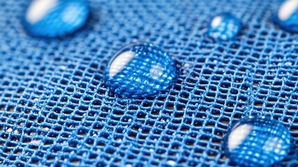 Poster - Water droplets on a blue, woven fabric surface.