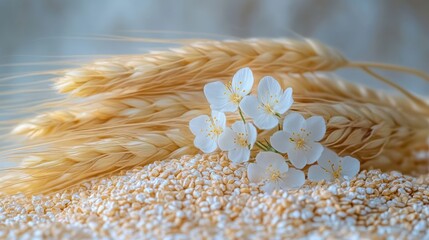 Sticker - White flowers on a bed of wheat grains with wheat stalks.