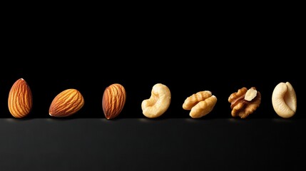 Wall Mural -   Row of various nuts on a black background