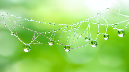 close up of spider web adorned with dewdrops, showcasing nature delicate beauty. vibrant green background enhances intricate details of web