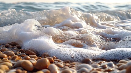 Wall Mural - Gentle ocean waves roll over pebbles on a serene beach during sunset