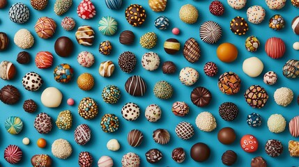 Wall Mural -   A diverse collection of chocolates adorns a blue background, with multiple varieties displayed