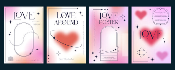 Aesthetic Valentine Day gradient y2k posters with blurred heart shapes and modern line frames. Valentines love card vector templates with abstract graphic elements, minimalist hearts, stars, sparkles