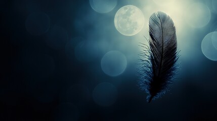 Sticker -   A close-up of a feather against a dark background with a full moon in the background