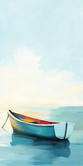 Wall Mural -   A painting of a boat floating on a body of water with a clear blue sky and white fluffy clouds surrounding it in the background