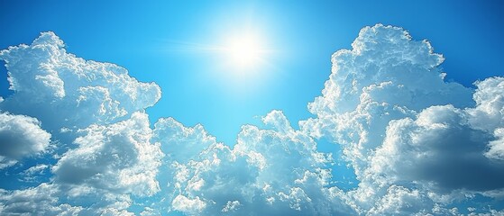 Wall Mural - Bright blue sky with fluffy clouds and a radiant sun shining above.
