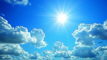 Wall Mural - Bright sun shining over a blue sky filled with fluffy clouds.