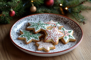 Wall Mural - Delicious selection of traditional Christmas cookies. Festive cookies and cookies in different shapes. Decorated Christmas cookies for Advent.