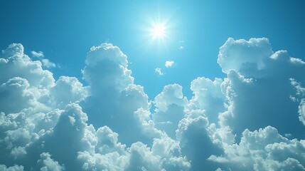 Wall Mural - Bright sun shining over fluffy clouds in a clear blue sky.