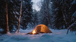 © senadesign - Friends winter camping with campfire in snowy forest.