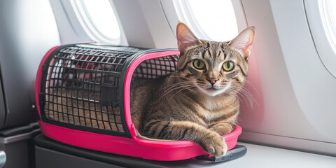 Naklejka na meble Cute cat lying in cat carrier in airplane cabin next to porthole. Traveling with pets, copy space