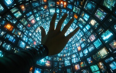 A hand reaches out towards a digital screen filled with data, representing the vast amount of information available today.