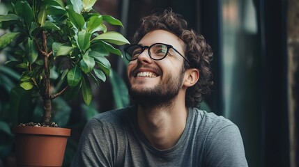 Poster - Happy guy watches potted money tree grow as metaphor for passive investment income