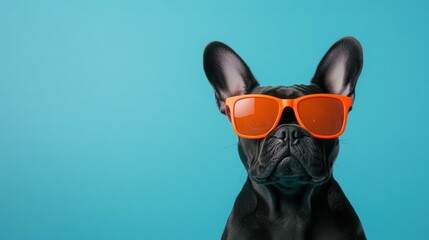 Sticker - A black dog with orange sunglasses. AI.