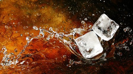 Wall Mural -   Brown liquid with floating ice cubes on top of brown surface