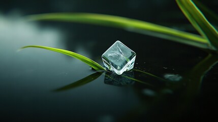 Wall Mural - a small ice cube rests atop a dark surface beside a green grass blade and water body