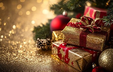 Poster - Glittering Christmas Gift Boxes with Red Ornaments and Festive Decor : Generative AI