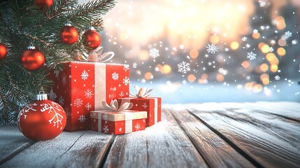 Poster - Festive Red Gift Boxes with Bow on Rustic Wooden Table with Christmas Tree in Background : Generative AI