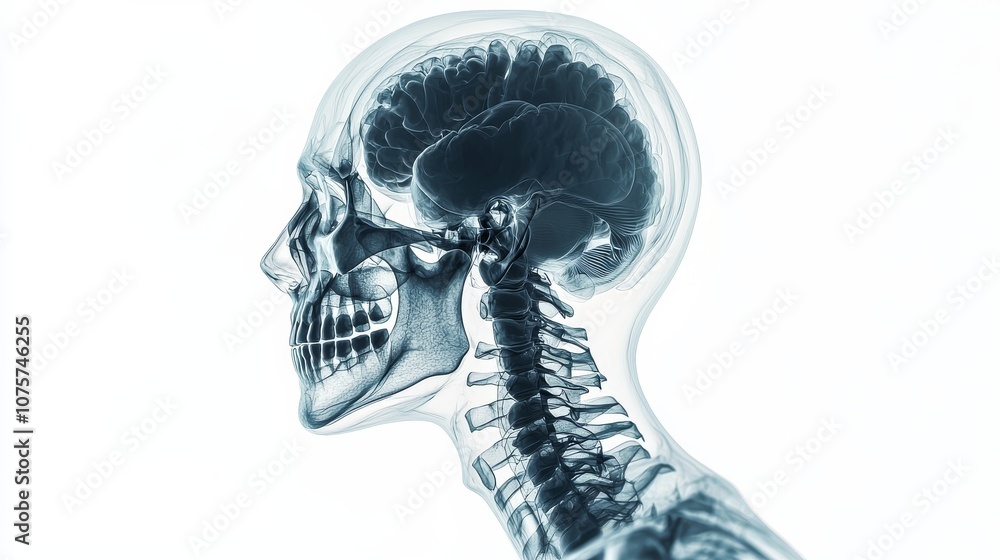 Xray imaging of the human skull and brain in profile view for medical ...